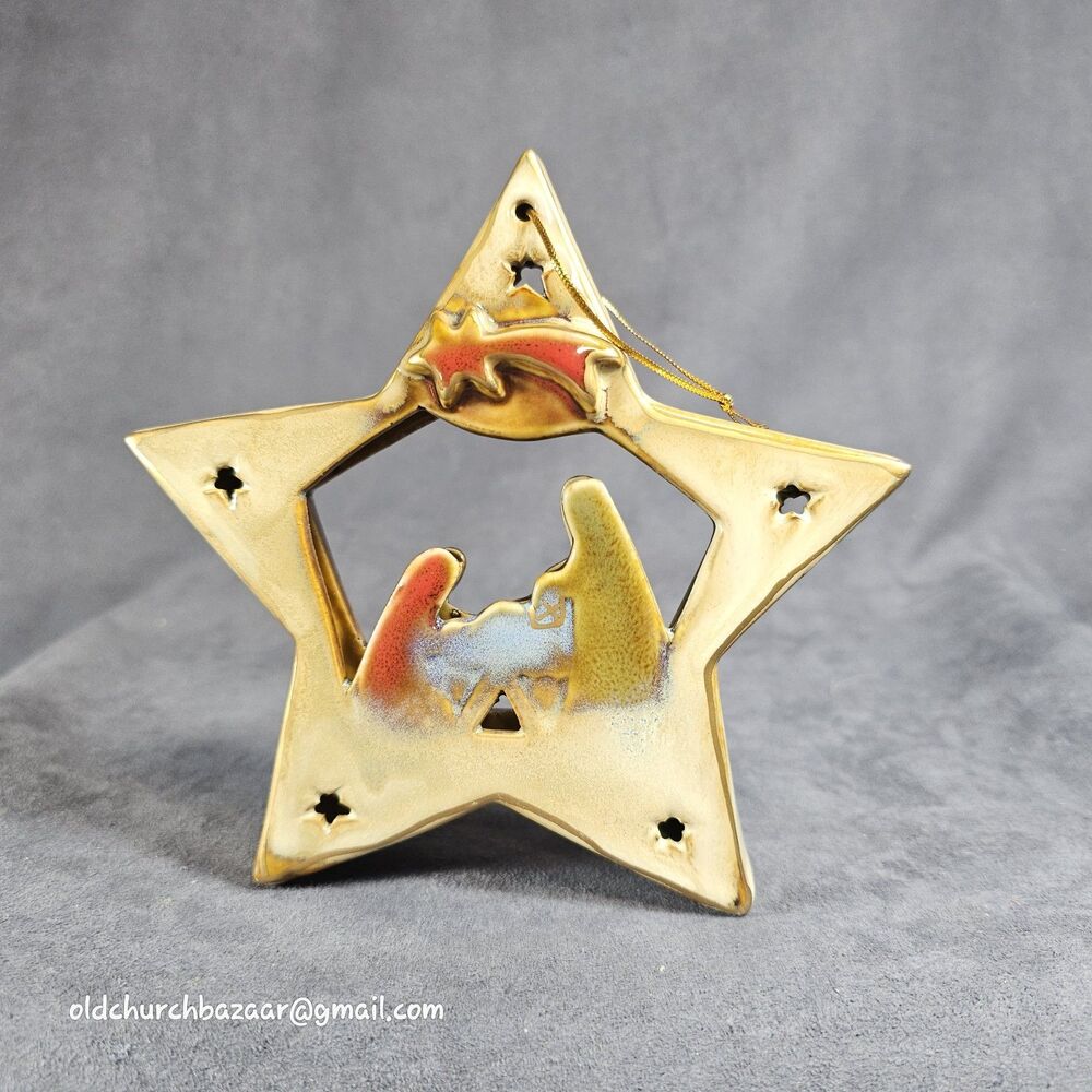Collectible Star Nativity Scene Glazed Ceramic Ornament Porcelain Christmas